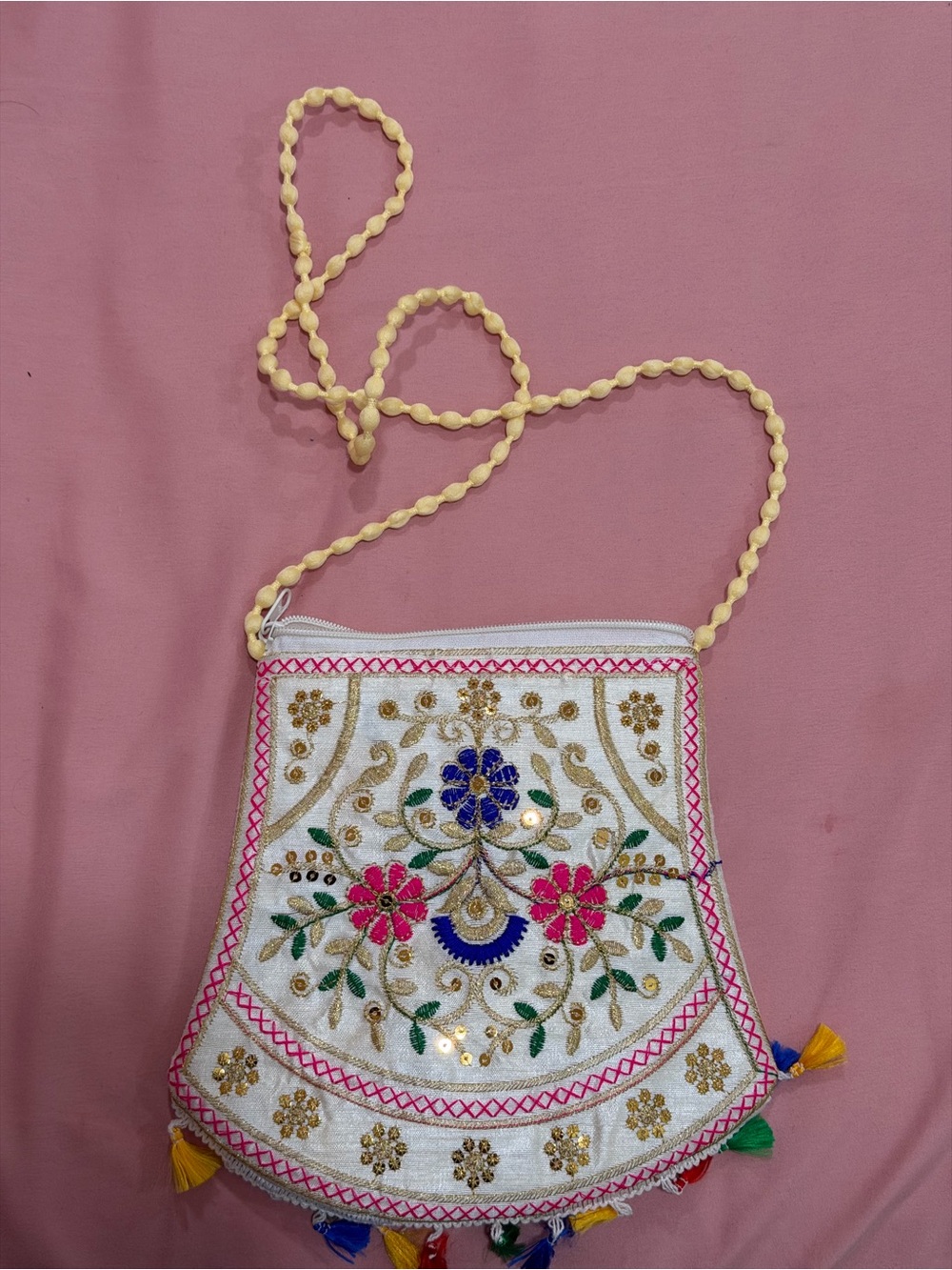 Indian Embroidered Bag White Floral Crossbody Bag with Pink Accents